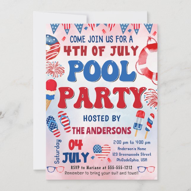 Convite de Festa de Verão na Piscina de 4 de Julho (Frente)