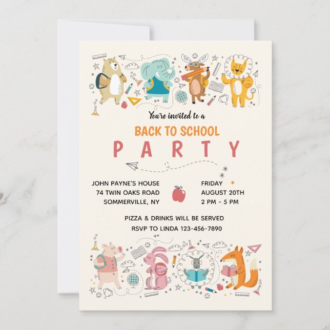 Convite de Festa de Volta às Aulas dos Animais de  (Frente)