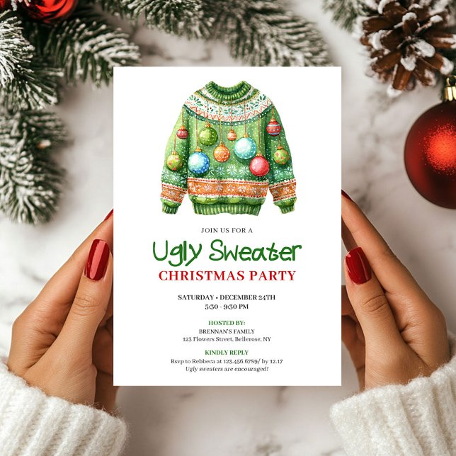 Convite de Festa Divertido Suéter Feio de Natal (Playful Funny Ugly Sweater Holiday Invite)