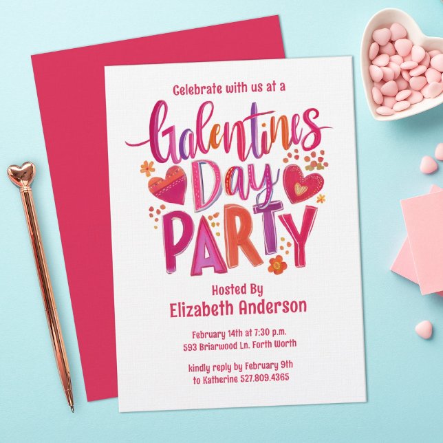 Convite de festa do Dia das Galentinas desenhado à (A cute and festive "Galentines" Valentines Party Invitation. Personalize it with your information)