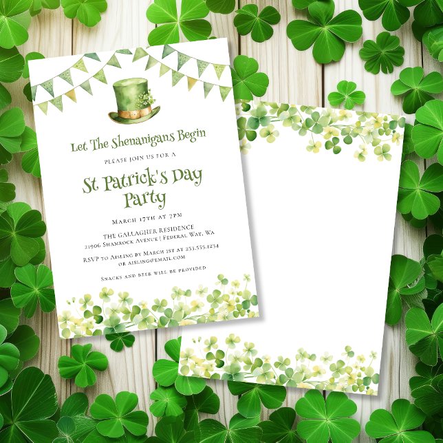 Convite de Festa do Dia de São Patrício com Trevo  (Green Watercolor Shamrock St Patrick's Day Party Invitation)