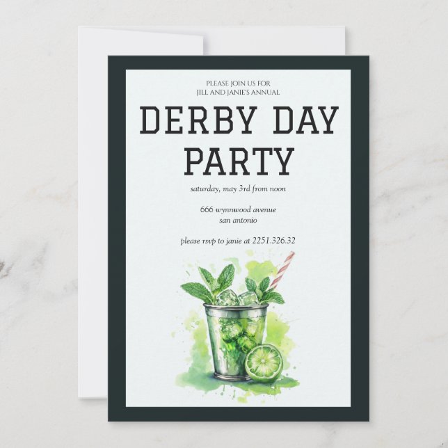 Convite de Festa do Dia do Derby Mint Julep Kentuc (Frente)