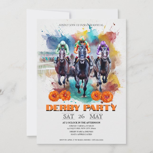 Convite de Festa do Kentucky Derby Cavalos Aquarel (Frente)