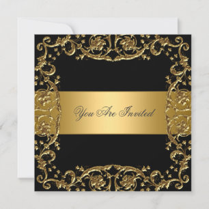 Convite de Festa Dourado Preto Quadro Floral