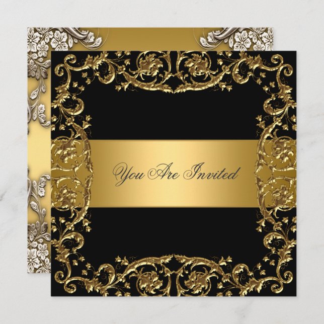 Convite de Festa Dourado Preto Quadro Floral (Frente/Verso)