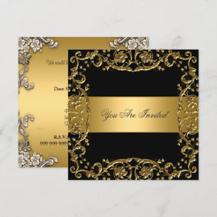 Convite de Festa Dourado Preto Quadro Floral