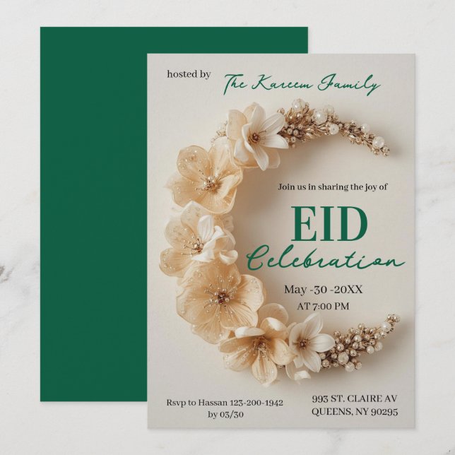 Convite de Festa Eid Crescente Floral Boho  (Frente/Verso)