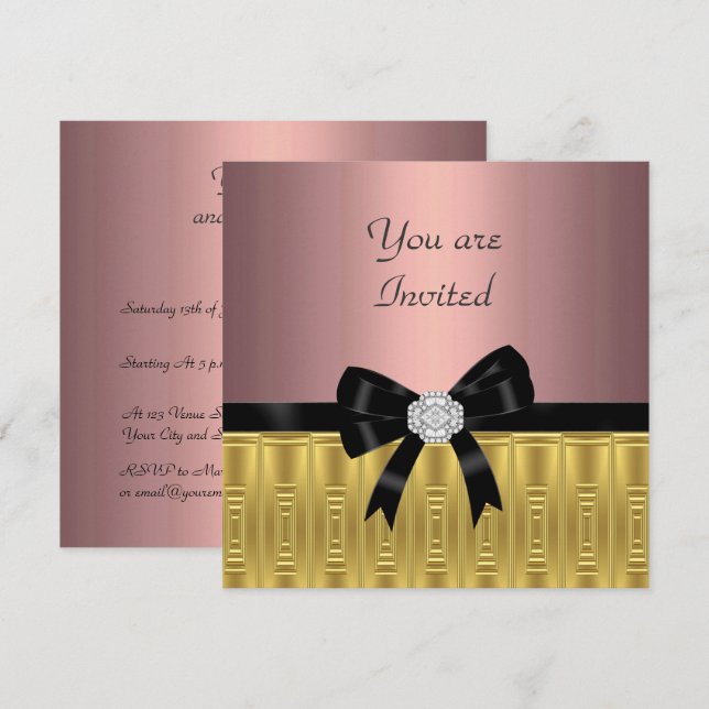 Convite de Festa Elegante em Dourado Rosa (Frente/Verso)