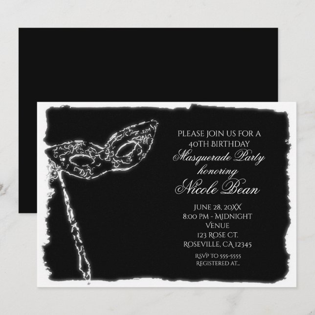 Convite de Festa Elegante Máscara Preto e Branco (Frente/Verso)
