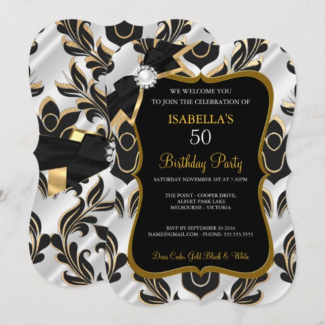Convite de Festa Elite Pérola Branca Dourado Damas (Frente/Verso)