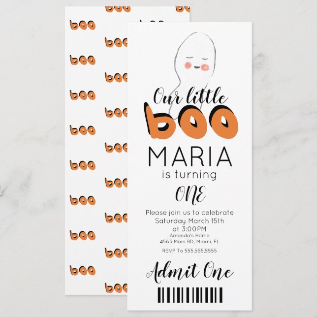 Convite de festa estilo bilhete do Fantasminha Fof (Frente/Verso)