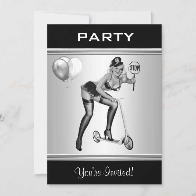 Convite de Festa Estilo Preto e Branco Pin-Up Garo (Frente)