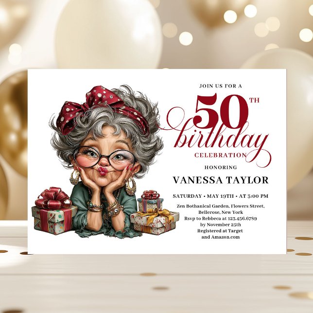Convite de festa estranho para senhora humorística (Humorous lady turning fifty quirky party invite)