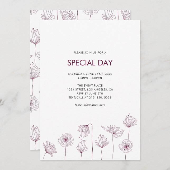 Convite de festa floral de papoula para todas as o (Frente/Verso)