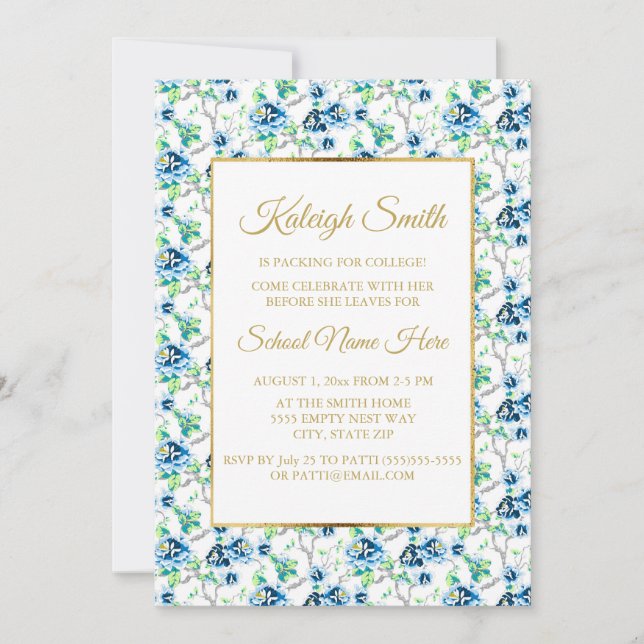 Convite de festa floral dourado azul branco para m (Frente)