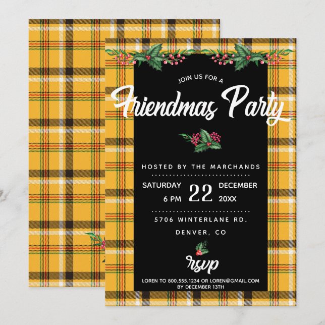 Convite de festa Friendsmas no tema Xadrez Amarelo (Frente/Verso)