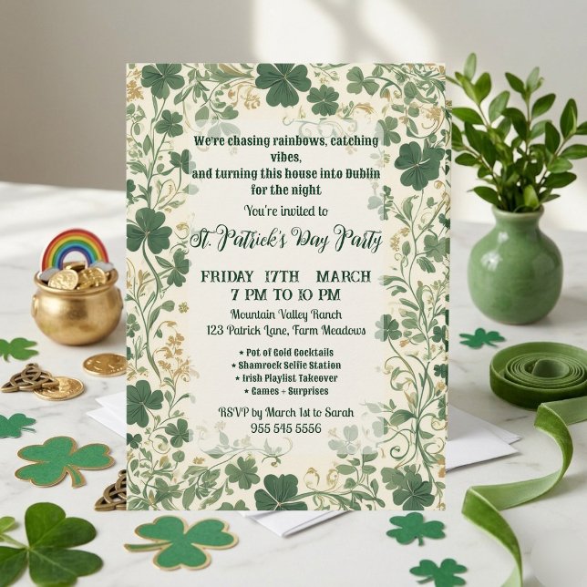 Convite de festa funky do Dia de São Patrício com  (Green Shamrock Vines Funky Saint Patrick's Party Invitation)