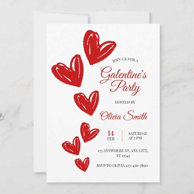 Convite de festa galentines com corações vermelhos (Frente)