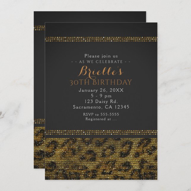 Convite de Festa Glam Chic Lantejoulas Brilho Leop (Frente/Verso)