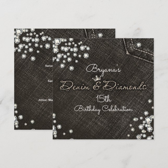 Convite de festa Glam Crown Black Denim & Diamonds (Frente/Verso)