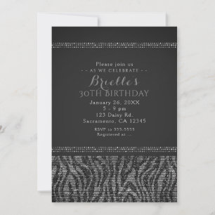 Convite de festa Glam Zebra Sparkle Prata e Preto