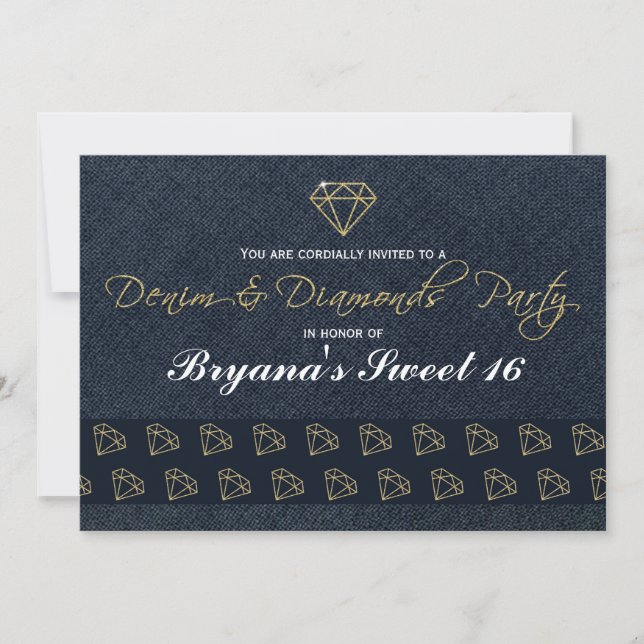 Convite de festa glamorosa em dourado e azul Denim (Frente)