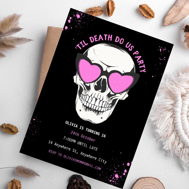Convite de Festa Grafitti Preto e Rosa Caveira (Black and Pink Skull Birthday Party Invitation)