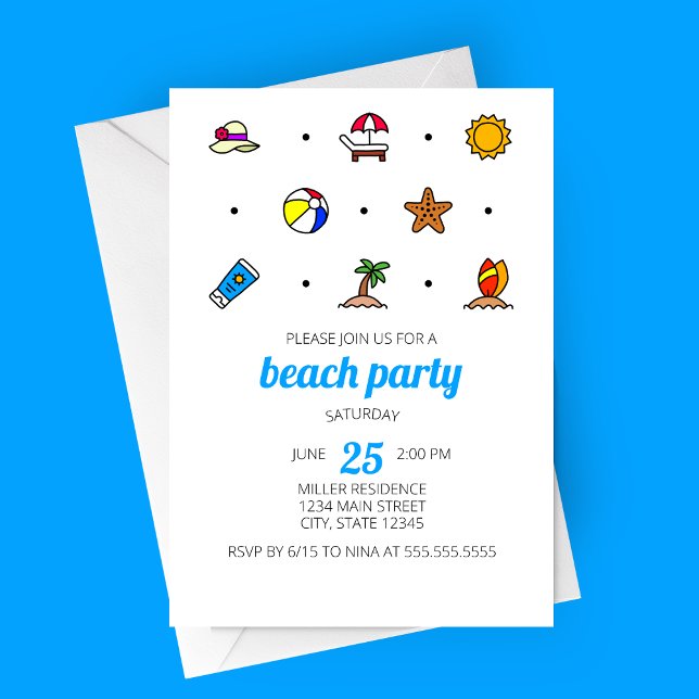 Convite de festa Ícones de Praia (Minimalist Modern Beach Line Icons Beach Party Invitation)