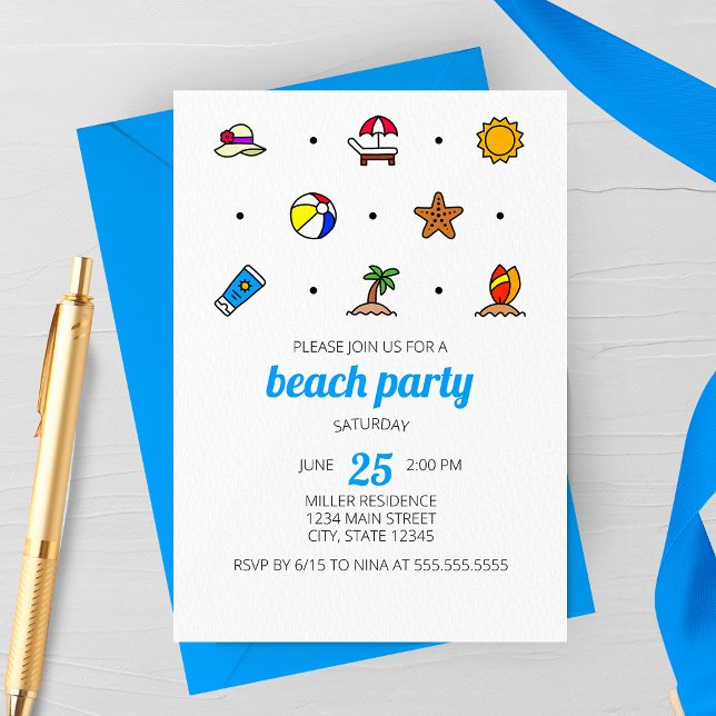 Convite de Festa Ícones de Praia (Minimalist Modern Beach Line Icons Beach Party Invitation)