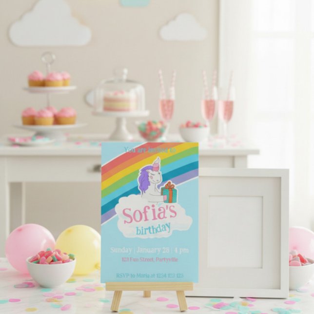 Convite de Festa Infantil Arco-Íris Unicórnio (Criador carregado)