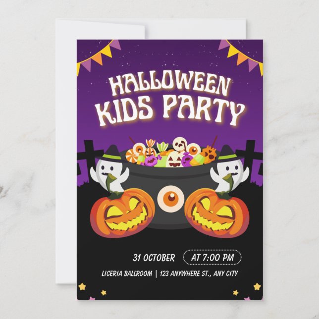 Convite de Festa Infantil de Halloween Roxo e Pret (Frente)