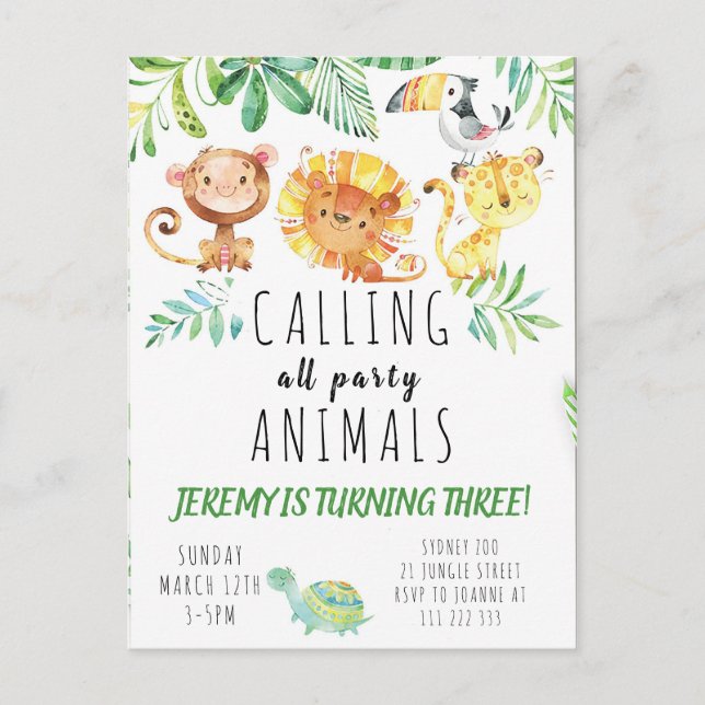 Convite de Festa Infantil Jungle Postcard (Frente)