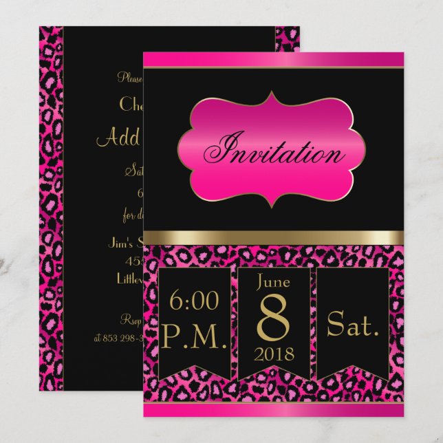 Convite de Festa Leopardo Rosa Quente e Preto Lega (Frente/Verso)