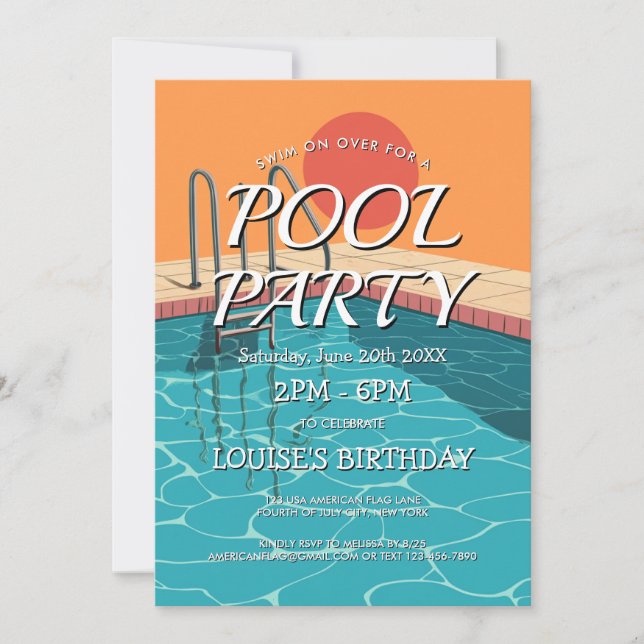 Convite de Festa na Piscina azul elegante e modern (Frente)