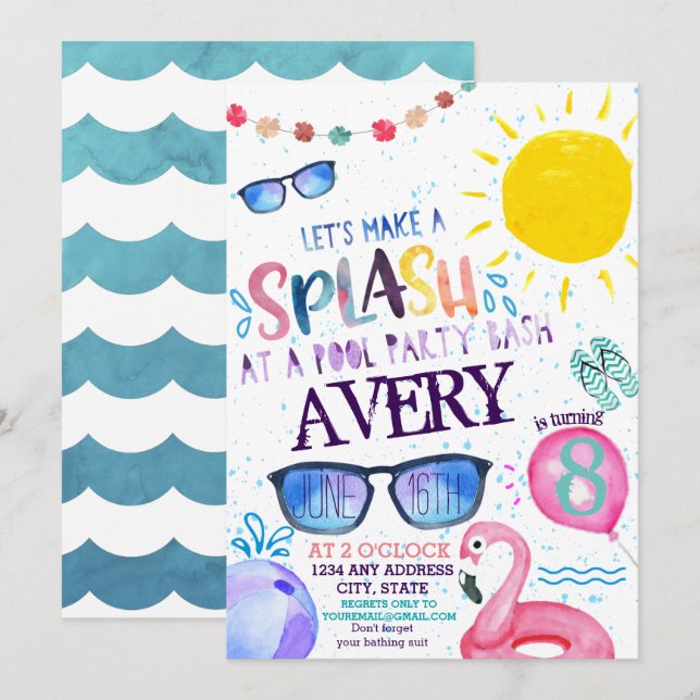 Convite de Festa na Piscina com Aquarela (Frente/Verso)
