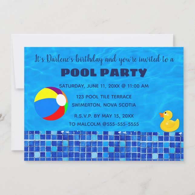 Convite de Festa na Piscina com Azulejos Editáveis (Frente)