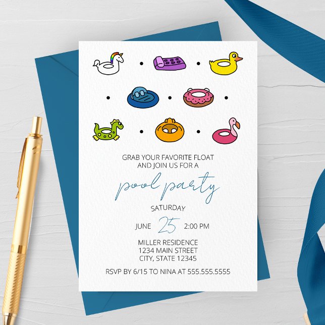 Convite de Festa na Piscina com Ícones de Jangadas (Pool Party Raft Icons Party Invitation )