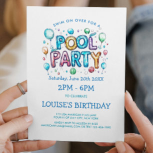 Convite de Festa na Piscina com Letras Vibrantes e