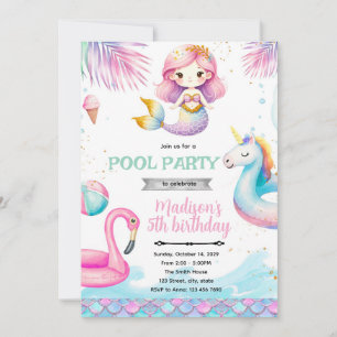 convite de festa na piscina de sereia unicórnio