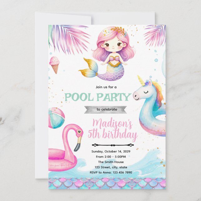 convite de festa na piscina de sereia unicórnio (Frente)