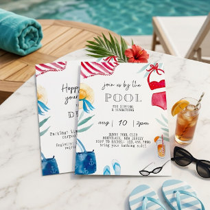 Convite de festa na piscina de verão em aquarela