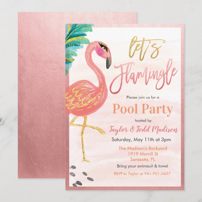 Convite de Festa na Piscina Flamingo Aquarela (Frente/Verso)