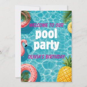Convite de Festa na Piscina Flamingo Diversão Trop