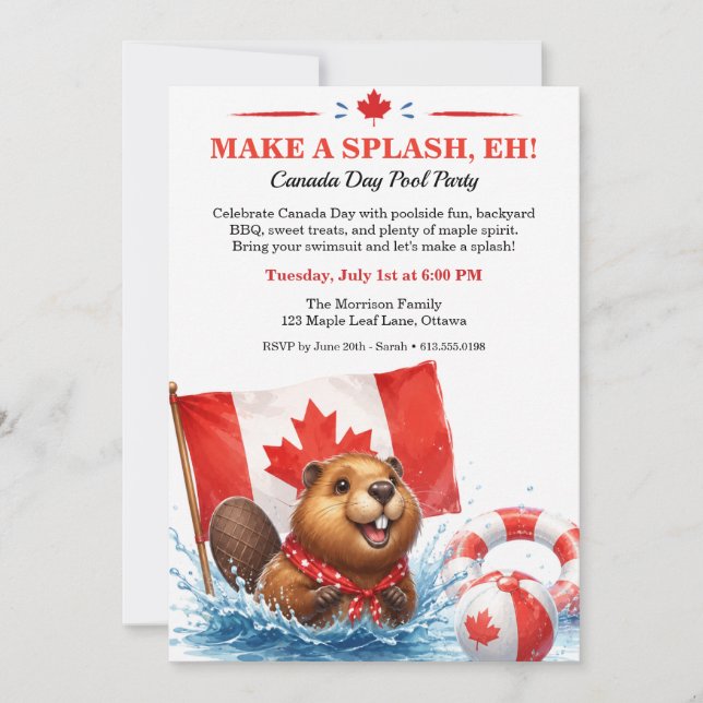 Convite de festa na piscina no Dia do Canadá com c (Frente)