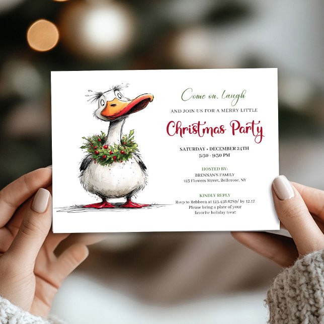 Convite de Festa Natalino Excêntrico com Ganso Hum (Christmas Quirky Goose Humor Whimsical Party Invite)