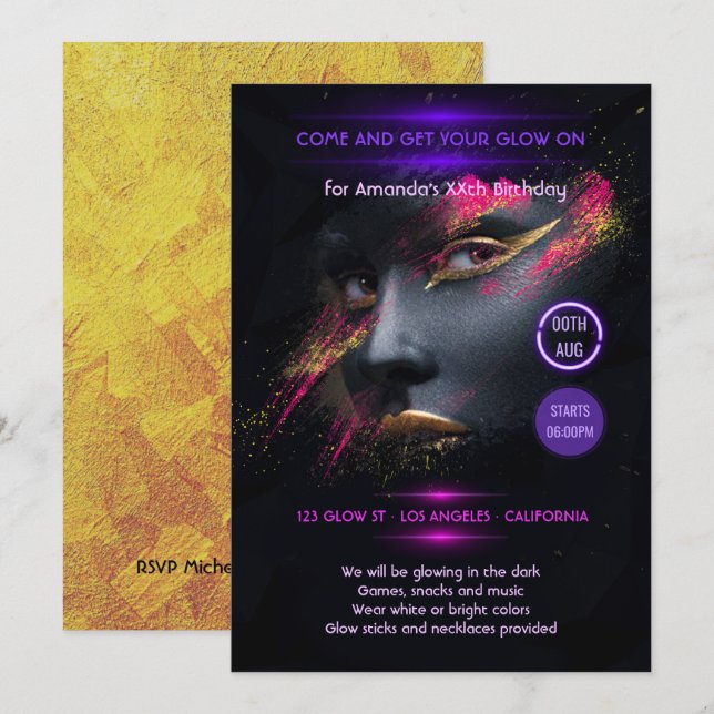 Convite de festa Neon com Brilho Dourado no Escuro (Frente/Verso)