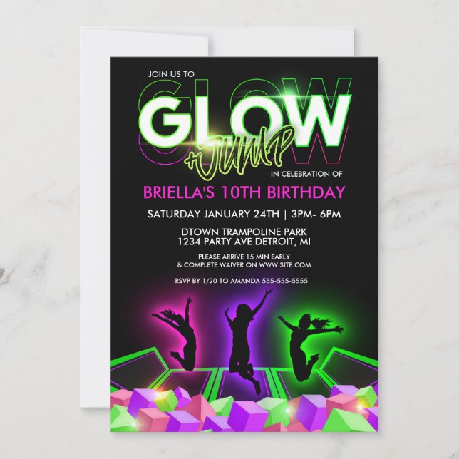 Convite de Festa no Parque de Trampolim Girls Glow (Frente)