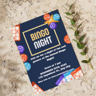 Convite de Festa Noturna de Bingo Branco Marinho