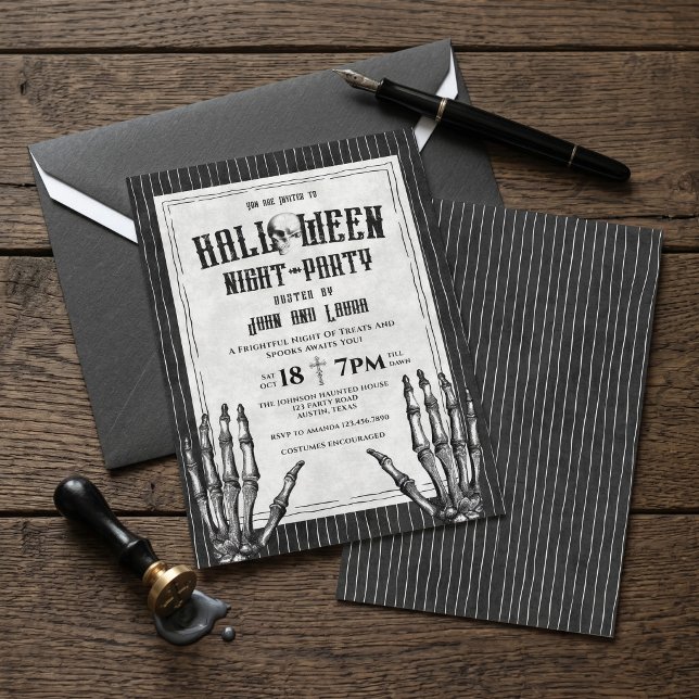 Convite de Festa Noturna de Halloween com Esquelet (Vintage Gothic Skeleton Halloween Night Party Invi Invitation)