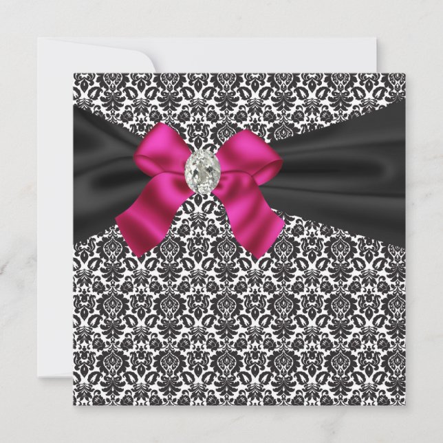Convite de Festa Pink Black Damask Gravata Preta F (Frente)